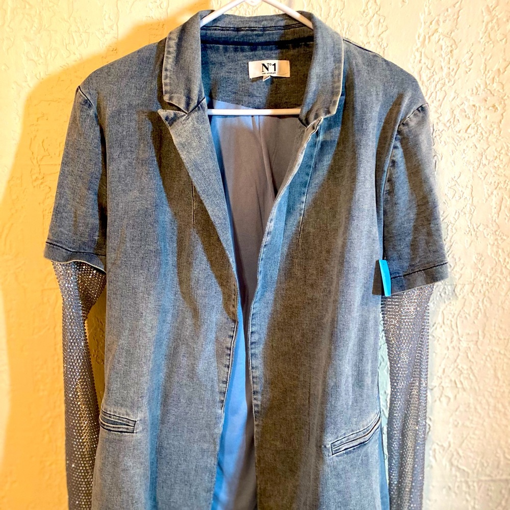 Versatile jean blazer with removable glitter sleeves
